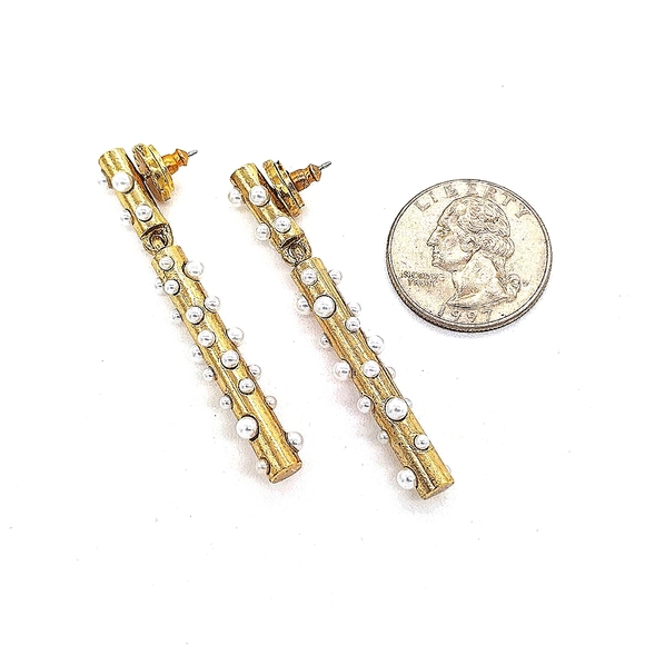 18K Gold plated Oscar De La Renta Glass Pearl Drop Dangle Bar Pillar Earrings - Picture 5 of 5